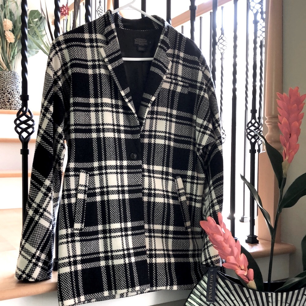 Pendleton Virgin Wool Black and White Tartan Plaid Women Blazer Jacket Size S - Picture 2 of 16